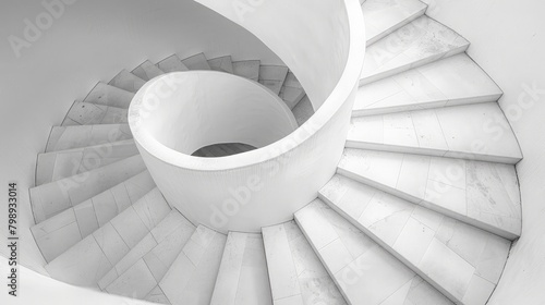Close-up of a spiral staircase winding upwards, showcasing its intricate design and architectural beauty in a minimalist setting.