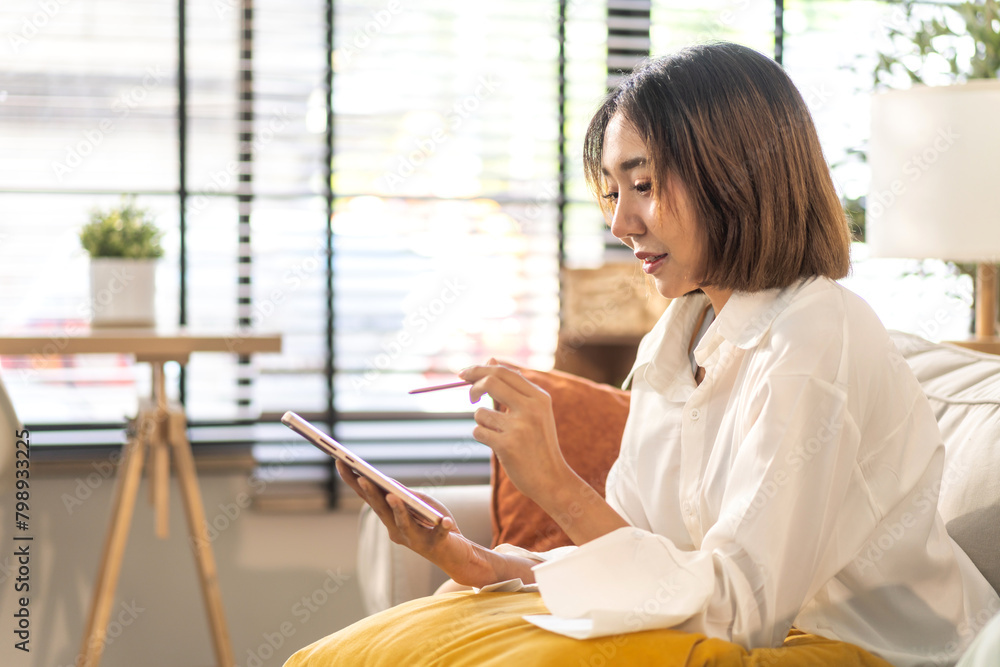 Woman use smartphone playing, shopping, social media communication and digital online, work, online social media, online marketing, technology, chat, post, like, follow on phone screen at home