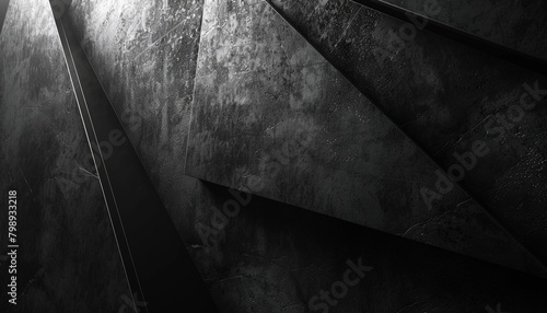 A dark and moody geometric composition with sharp lines and angles, rendered in a highcontrast black and white palette with subtle grunge textures  photo