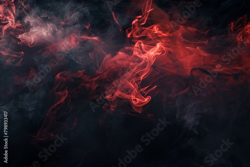 A dark and mysterious abstract scene with wisps of crimson smoke rising from an unseen source, against a backdrop of inky blackness   photo