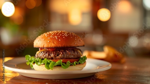 In a scene of culinary perfection  a deluxe hamburger is elegantly presented on a sleek  modern plate.