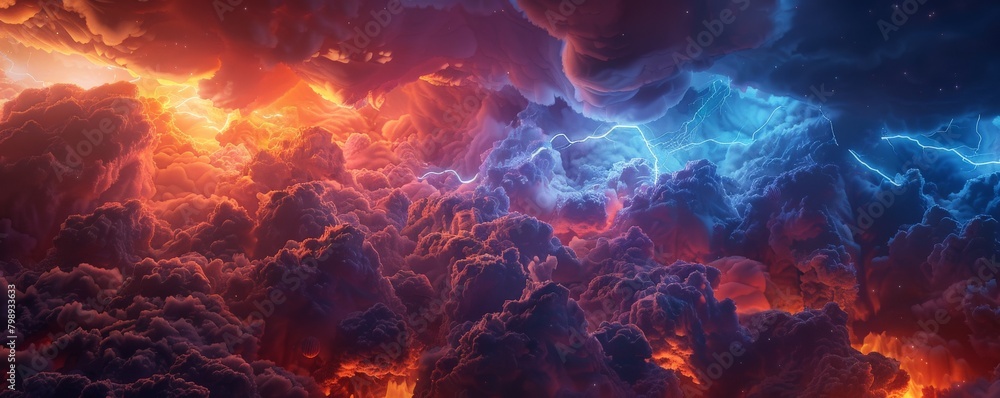 A dramatic abstract scene with dark, stormy clouds of indigo blue rolling across a fiery red horizon, illuminated by flashes of lightning  