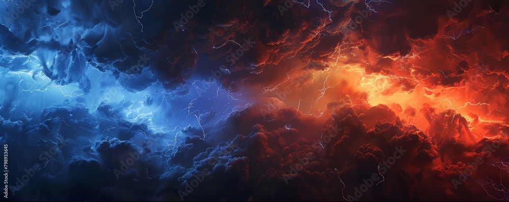 A dramatic abstract scene with dark, stormy clouds of indigo blue rolling across a fiery red horizon, illuminated by flashes of lightning A dramatic abstract scene with dark, stormy clouds of indigo blue rolling across a fiery red horizon, illuminated by flashes of lightning