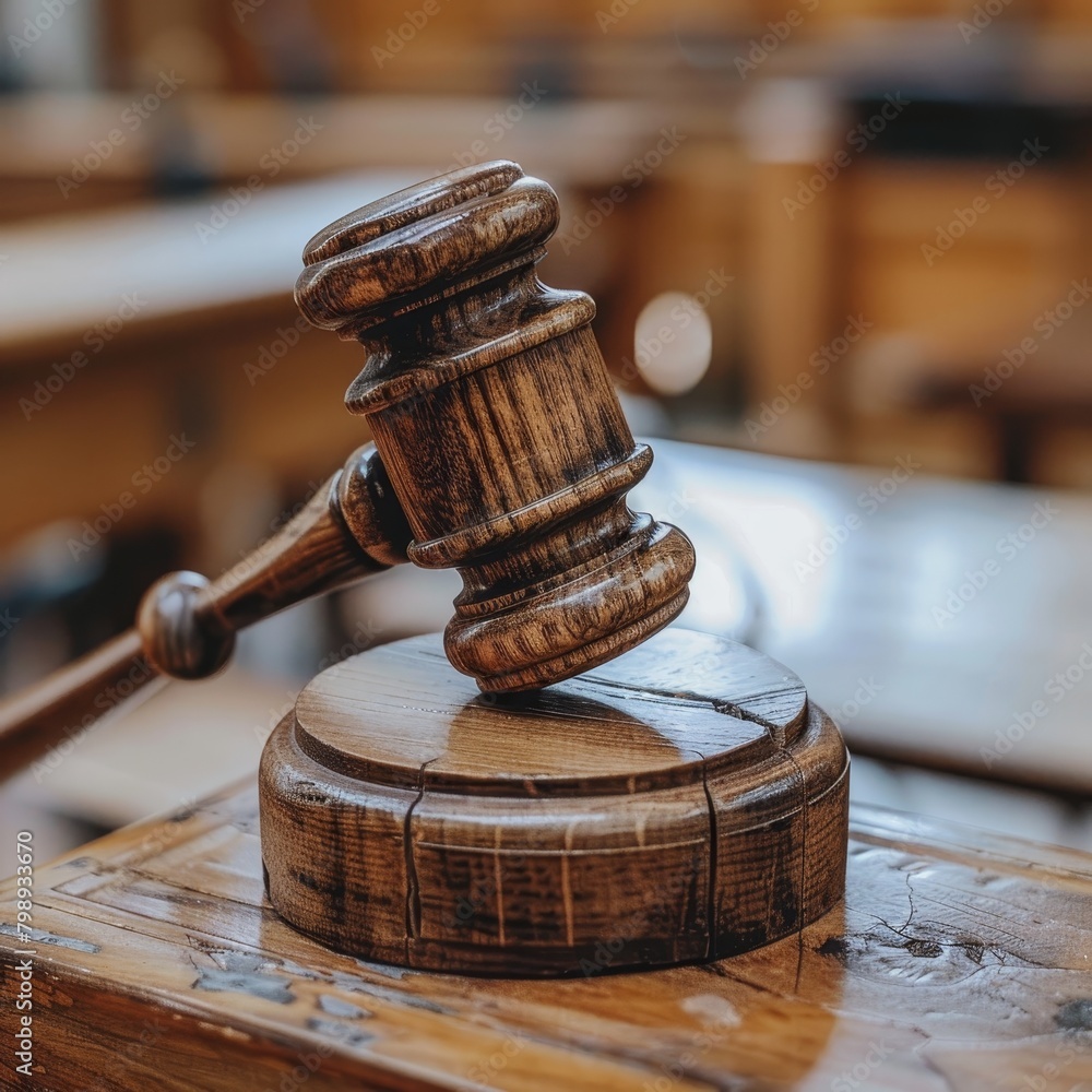 Close-up of a classic wooden gavel on a sound block in a courtroom setting, symbolizing law, authority, and judgements. Close-up of a classic wooden gavel on a sound block in a courtroom setting, symbolizing law, authority, and judgements.