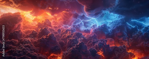 A dramatic abstract scene with dark, stormy clouds of indigo blue rolling across a fiery red horizon, illuminated by flashes of lightning 