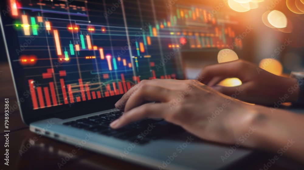 Close-up of hands typing on a laptop with financial graphs and charts displayed on the screen, representing financial analysis. Close-up of hands typing on a laptop with financial graphs and charts displayed on the screen, representing financial analysis.