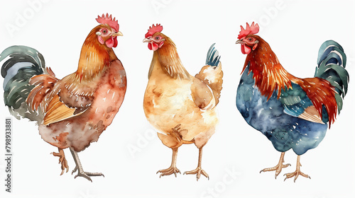 watercolour painting of 3 chickens set collection isolated on white background
