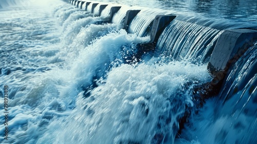 Long exposure photo of a stepped spillway with cascading water  illustrating fluidity and the concept of controlled water flow.