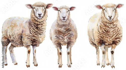 watercolour painting of 3 sheep set collection isolated on white background
