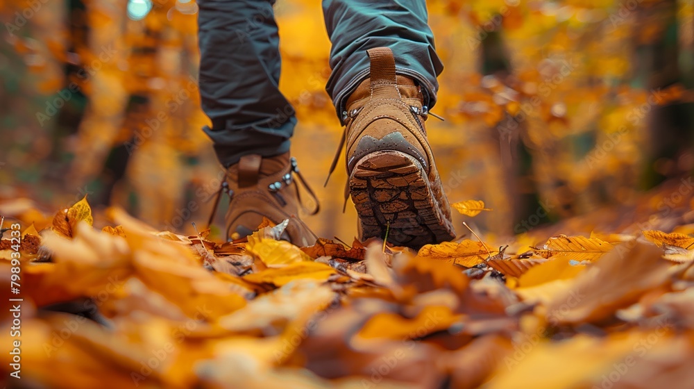 Hiker's boot stepping through amber leaves on forest trail with autumn's whisper Hiker's boot stepping through amber leaves on forest trail with autumn's whisper