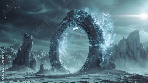 Towering Technological Gateway in Barren Landscape,Glowing Alien Portal in Dramatic Lighting and Shadows,Mysterious Futuristic Archway Composition in