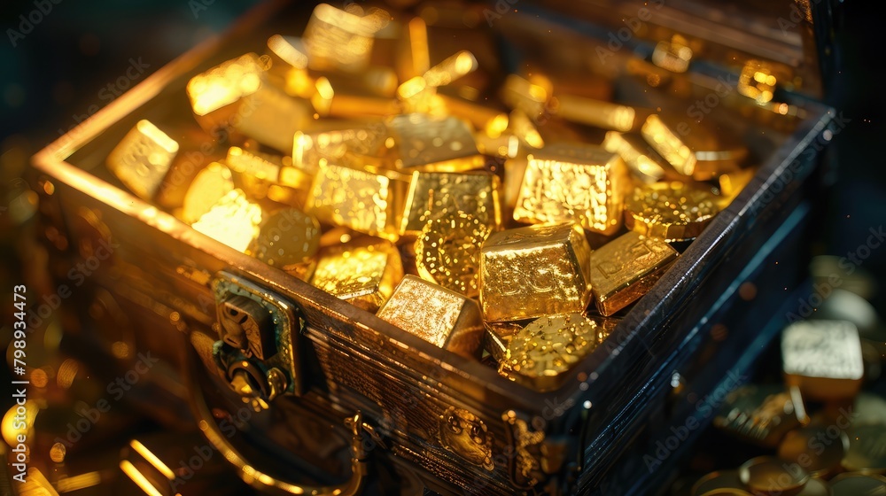 luxurious treasure chest overflowing with gleaming gold bars and coins, symbolizing wealth, prosperity, and financial abundance. luxurious treasure chest overflowing with gleaming gold bars and coins, symbolizing wealth, prosperity, and financial abundance.