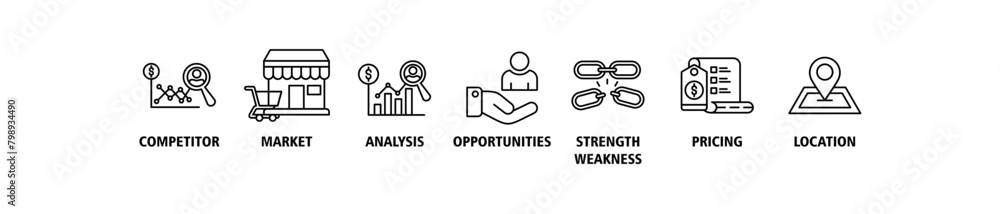 Competitor analysis web icon set vector illustration concept with icon of competitor, market, analysis, opportunities, strength weakness, pricing, location Competitor analysis web icon set vector illustration concept with icon of competitor, market, analysis, opportunities, strength weakness, pricing, location