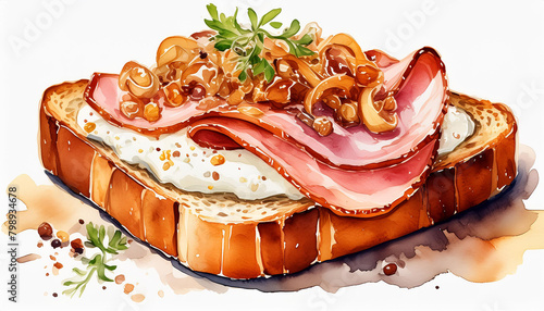 Watercolor painting of toast bread with ham, roasted garlic aioli and onion. Tasty fast food. photo