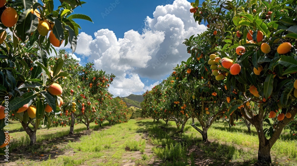 panoramic view of mango trees laden with ripe fruit against a backdrop of blue skies, evoking the idyllic beauty of tropical landscapes.