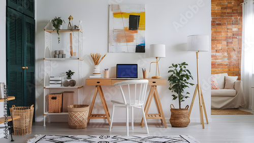 Stylish and boho home interior of living room with wooden desk, laptop, white lamp, macrame shelf and desk supplies. Design and elegant accessories. Modern home decor. Abstract painting on the wall.