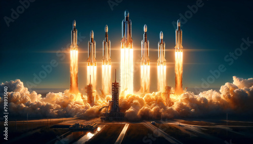 複数のロケットが発射台から発射する瞬間. AI generated. photo
