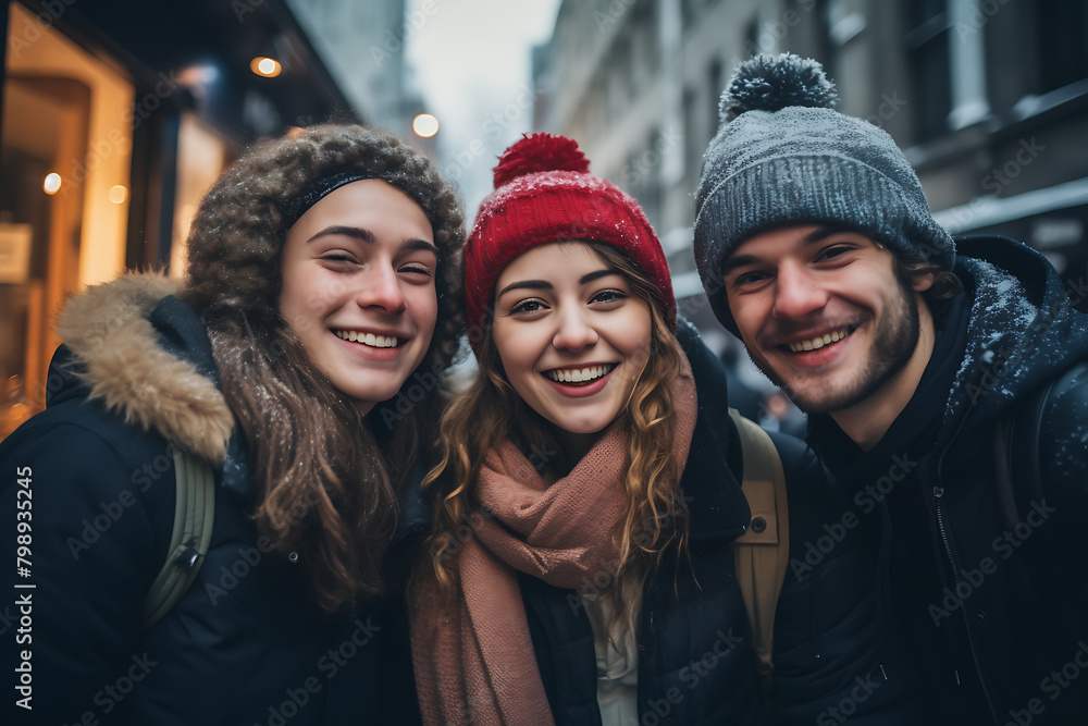 A cheerful group of friends enjoy a snowy day, warmly dressed in winter attire, sharing a jovial moment. Generative AI A cheerful group of friends enjoy a snowy day, warmly dressed in winter attire, sharing a jovial moment. Generative AI