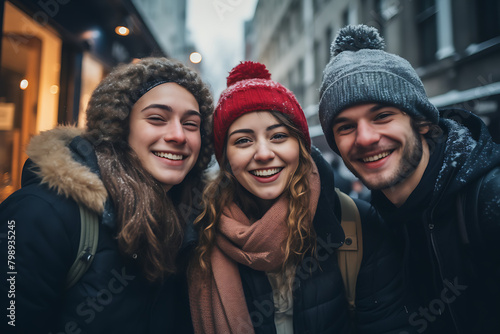 A cheerful group of friends enjoy a snowy day, warmly dressed in winter attire, sharing a jovial moment. Generative AI