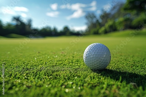 Golf Serenity: Close-Up of Ball on Lush Fairway, Sunlit Green Outdoor Leisure