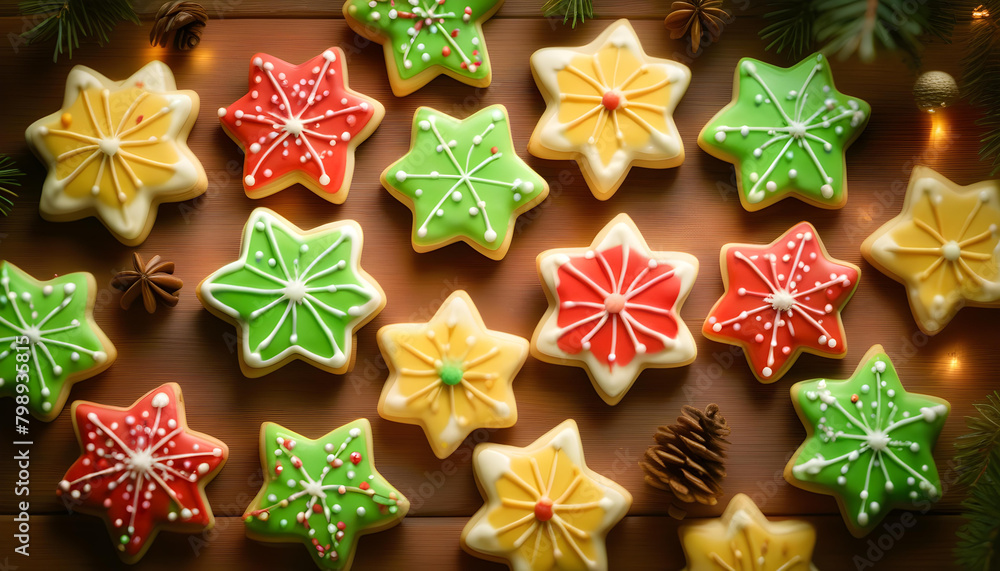 A batch of Christmas star cookies on a wooden background with colorful icing and sprinkles A batch of Christmas star cookies on a wooden background with colorful icing and sprinkles