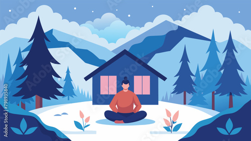An image of a person meditating in a cozy cabin surrounded by snowcovered trees and a quiet serene landscape finding freedom and stillness in the. Vector illustration