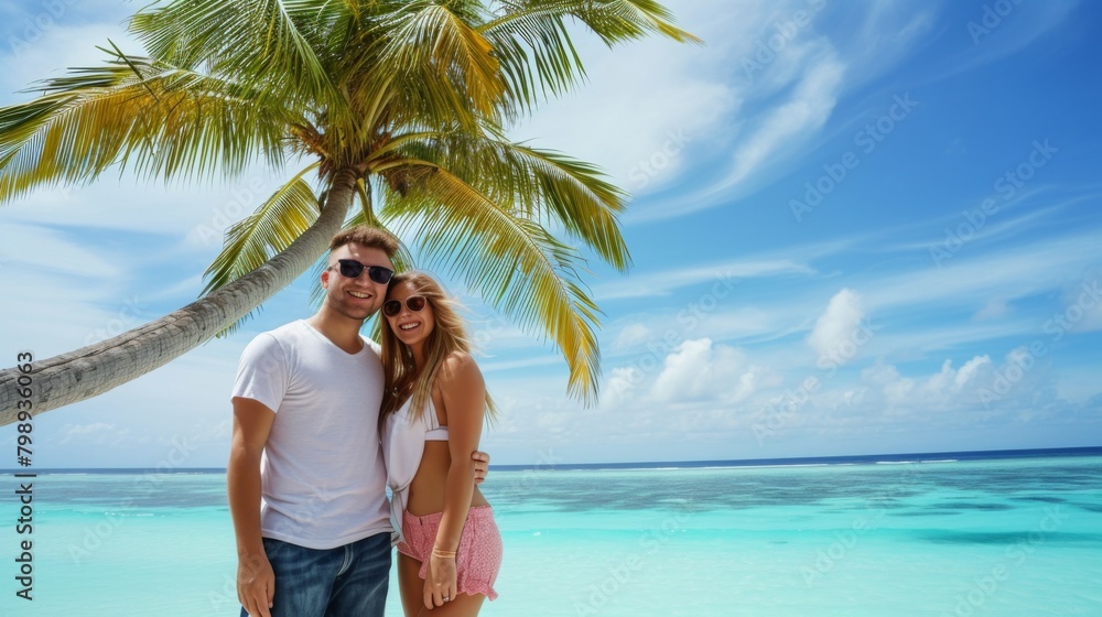 Young couple, their smiles shining brightly as they enjoy their holiday in the Maldives