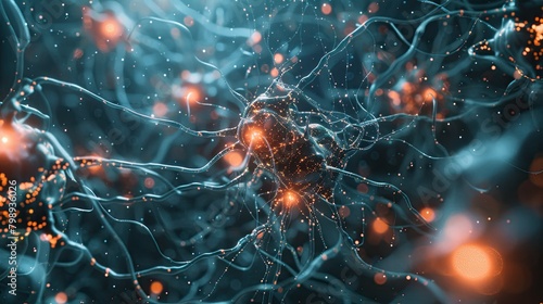 Neurons, highly detailed brain cells, neural network conceptual illustration AI generated