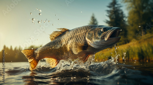 Close up of big fish jumping from the water with bursts in high mountain clean lake or river, at sunset or dawn, picturesque mountain summer landscape. Copy space.