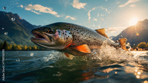 Close up of rainbow trout fish jumping from the water with bursts in high mountain clean lake or river, at sunset or dawn, picturesque mountain summer landscape. Copy space. photo