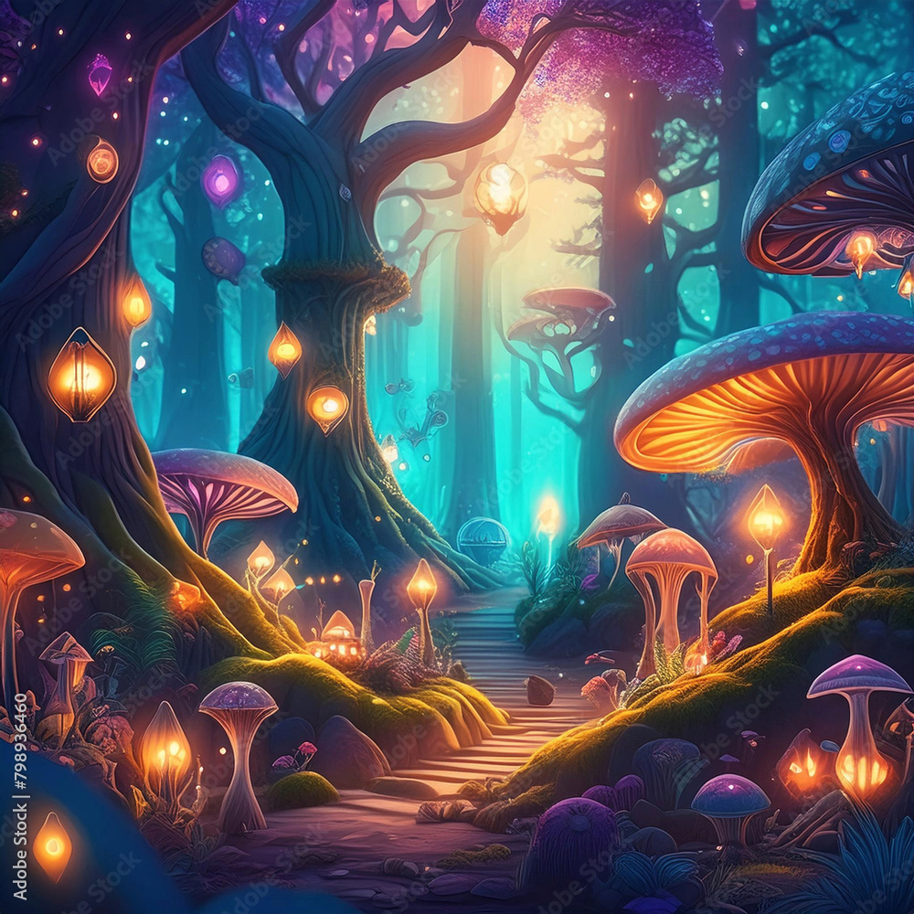 고대 나무와 빛나는 버섯 그리고 요정으로 가득한 마법의 숲