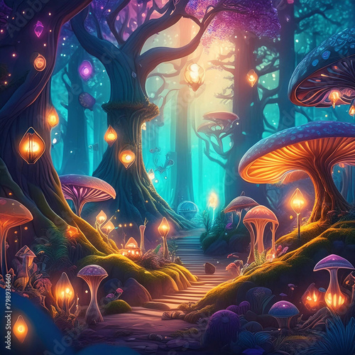 고대 나무와 빛나는 버섯 그리고 요정으로 가득한 마법의 숲