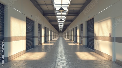 Orderly arrangement of warehouse doors along a well lit corridor © AlfaSmart