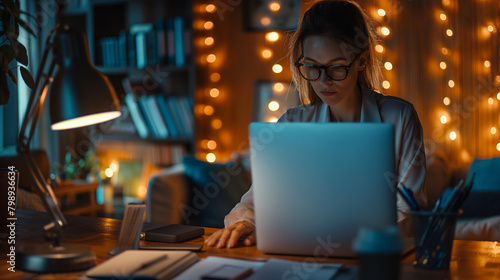A woman working late at night in her home office, fueled by determination to make her business succeed. Diligence and work, team and trust, profit