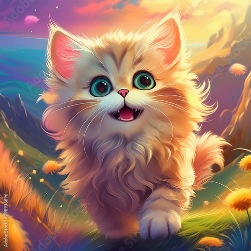 웃고 있는 귀여운 복슬복슬한 새끼 고양이