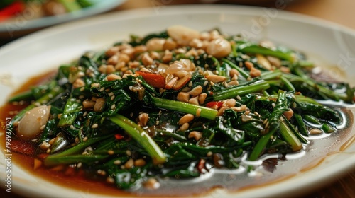 traditional Asian dish of stir-fried water spinach with garlic and oyster sauce served on a white plate, tempting viewers with its savory aroma and vibrant colors. photo