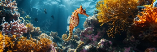 Seahorse traveling on a coral reef photo