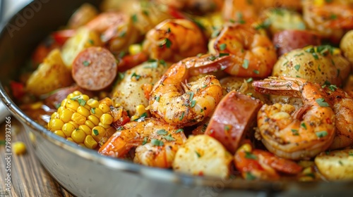 traditional seafood boil featuring shrimp, corn, potatoes, and sausage cooked in a flavorful broth, evoking the festive atmosphere of a coastal feast. photo