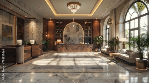 Stylish D Rendering of a Contemporary Hotel Lobby Invitation to Unmatched Hospitality