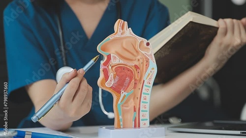 Gynecologist doctor points to model of female reproductive system in clinic photo