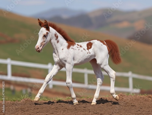 A brown and white horse is walking on a dirt field. The horse is small and he is a young foal. The image has a peaceful and calm mood, as the horse is walking alone © MaxK