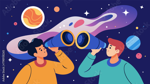 A pair of binoculars passed back and forth between two curious minds their eager voices rising as they spotted a distant galaxy and speculated on its. Vector illustration