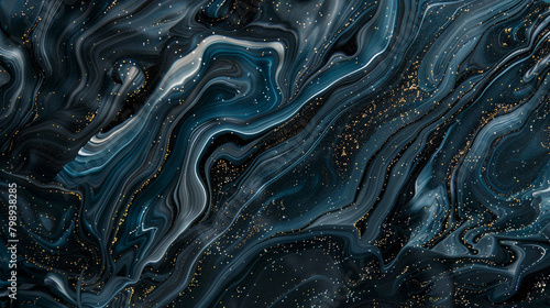 Eerie obsidian marble ink cascading over a dark abstract backdrop, shimmering with faint glitters. photo