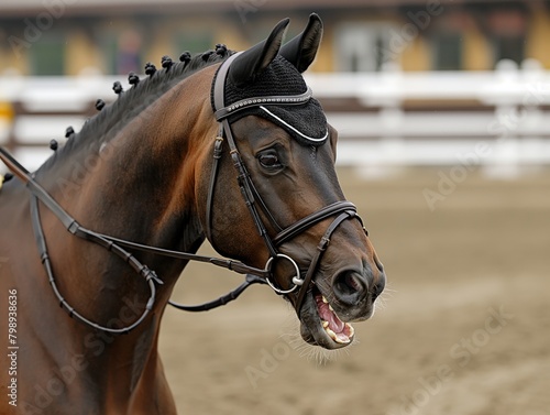 A brown horse with a black bridle and a black nose is smiling. The horse is standing in a dirt field © MaxK