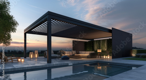 modern black outdoor gazebo with couches and table, pool in front of it, wooden deck floor, trees around, sunset