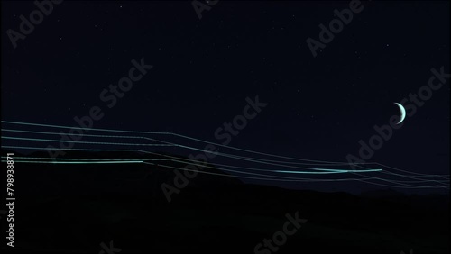 Power Transmission Lines With 3D Digital Visualization Of Electricity. Scenic Footage With Night Sky Full Of Bright Stars. Concept Of Renewable Green Energy And Clean Ecological Environment photo