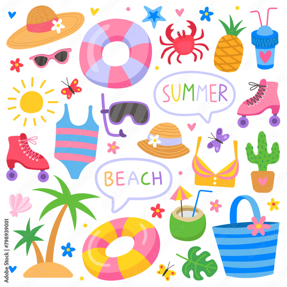 Summer cute vector illustration. Bright summertime elements. Swimming ring, swimsuit, roller skates, island, palm trees, coconut, fruit. Beach time, vacation, relaxation, tropical time.