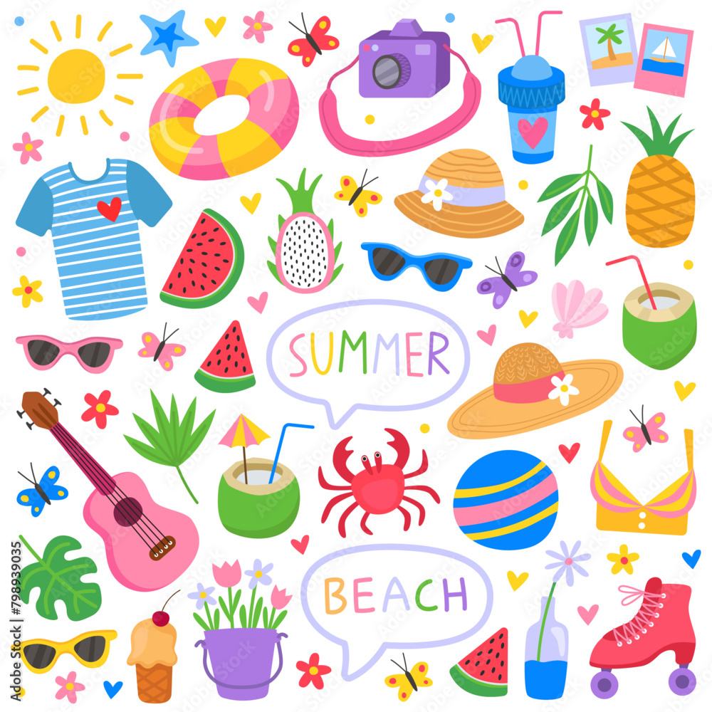 Summer cute vector illustration. Bright summertime elements.  Colorful icons, sun, ukulele, swimsuit, hats, rollers, fruits, coconut, crab, leaves, inflatable rings, coconut, butterflies. 
