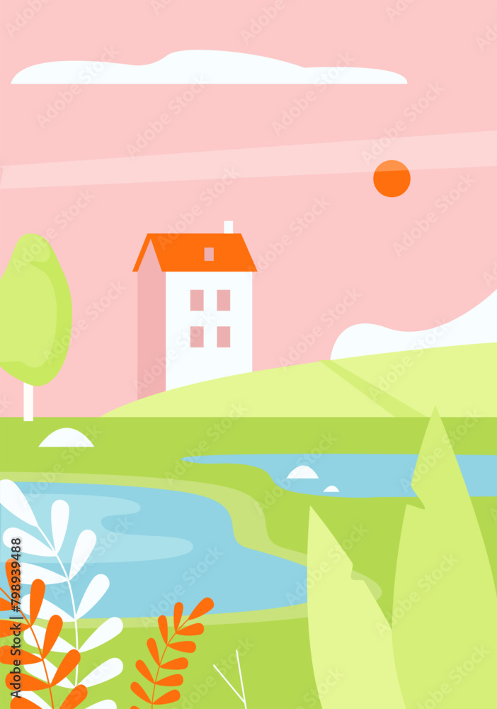 Abstract minimal landscape with farm building, green hills and lake vector illustration