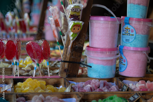 Variety of traditional Spanish candy displayed on a market stall. Cocentaina mediaval fair 